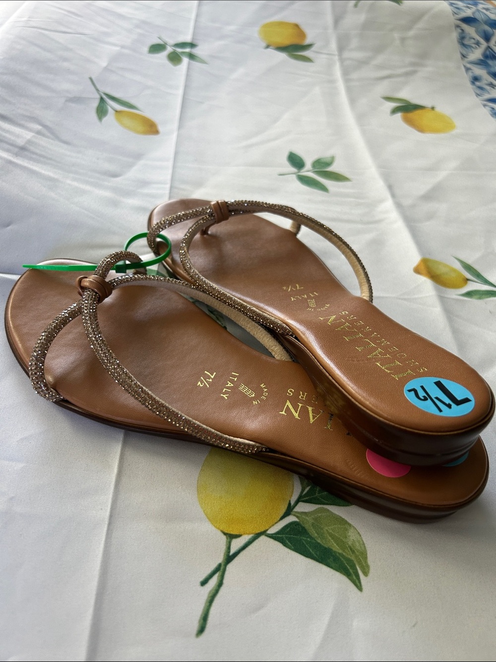 Size 7.5 Italian Shoemakers Tan Slide Sandals with Sparkling Straps - Picture 3 of 3
